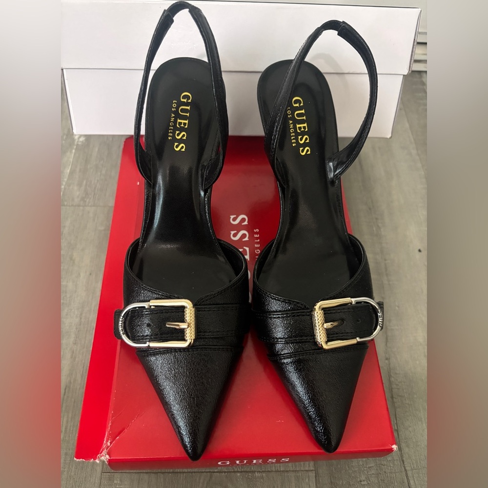 GUESS Black Pointed Slingback Heels with Gold Buckle Detail